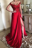 Fashion A Line Lace Appliques Red Slit Beaded Long Prom Dresses Formal Evening Dress