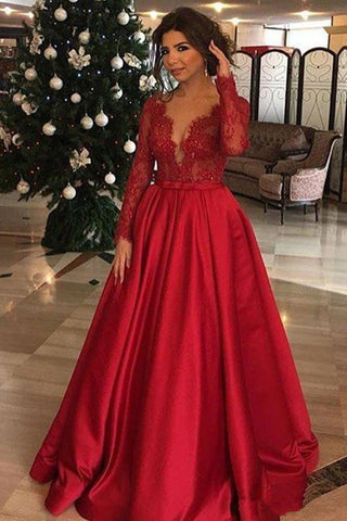 Red V Neck Long Sleeves Lace Appliques Prom Dresses Formal Evening Fancy Dress Gowns