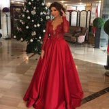 Red V Neck Long Sleeves Lace Appliques Prom Dresses Formal Evening Fancy Dress Gowns