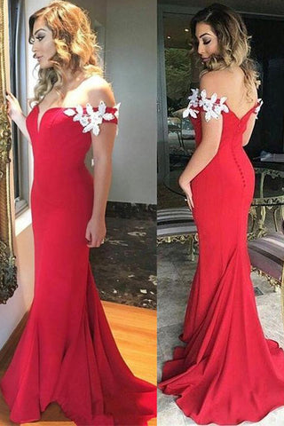 Chic Red Off the Shoulder Lace Appliques Mermaid Long Prom Dresses Formal Evening Dress
