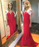 Chic Red Off the Shoulder Lace Appliques Mermaid Long Prom Dresses Formal Evening Dress