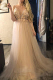 Spaghetti Straps V Neck 3D Flowers White Pink Long Prom Dresses Formal Evening Dress Gowns