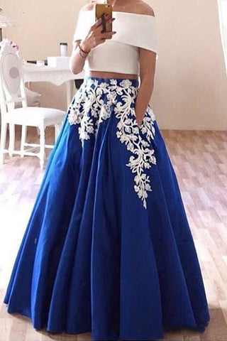 New Arrival Two Piece Off Shoulder White Royal Blue Long Prom Dresses Formal Evening Dress