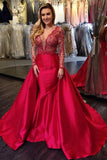 New Arrival Long Sleeves V Neck Lace Red Prom Dresses Formal Evening Dress Fancy Gowns