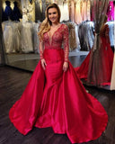 New Arrival Long Sleeves V Neck Lace Red Prom Dresses Formal Evening Dress Fancy Gowns