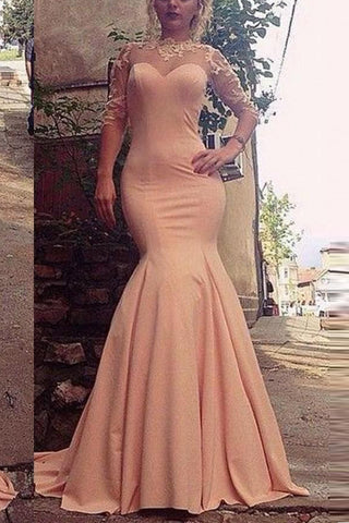 High Neck 3/4 Long Sleeves Lace Mermaid See Through Pink Prom Dresses Formal Evening Dress