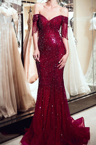 Sparkly Sequin Mermaid Burgundy Off the Shoulder Long Prom Dresses Formal Evening Dress