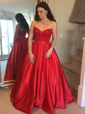 Fashion A Line Strapless Red Beaded Long Prom Dresses Formal Evening Dress Party Gowns
