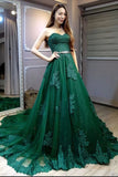 Strapless A Line Lace Appliques Emerald Green Long Prom Dresses Formal Evening Dress