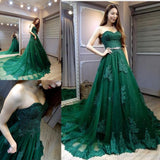 Strapless A Line Lace Appliques Emerald Green Long Prom Dresses Formal Evening Dress
