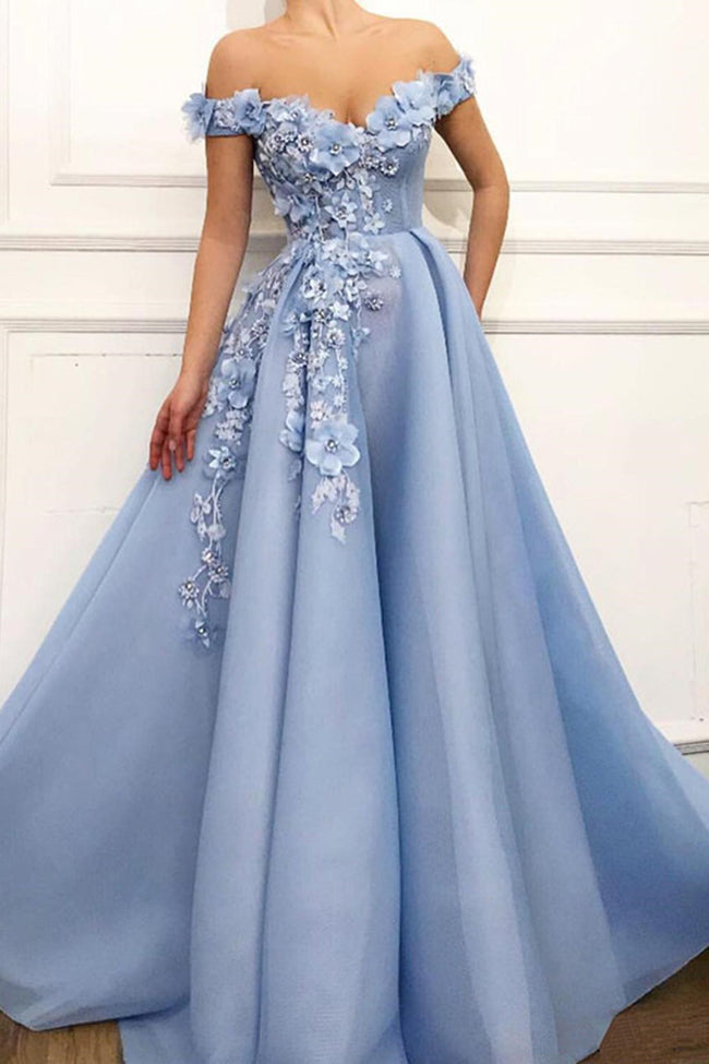 Charming 3D Floral Light Blue Off the Shoulder Long Prom Dresses Formal Evening Dress Gowns