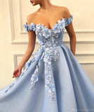Charming 3D Floral Light Blue Off the Shoulder Long Prom Dresses Formal Evening Dress Gowns