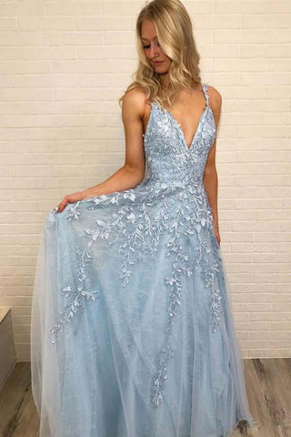 Light Blue Lace V Neck Spaghetti Straps Long Prom Dresses Formal Evening Dress Gowns