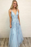 Light Blue Lace V Neck Spaghetti Straps Long Prom Dresses Formal Evening Dress Gowns