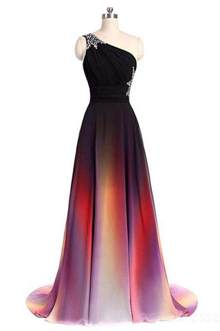 Ombre Chiffon A Line One Shoulder Beaded Long Prom Dresses Formal Evening Dress