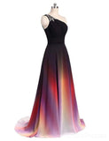 Ombre Chiffon A Line One Shoulder Beaded Long Prom Dresses Formal Evening Dress