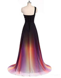 Ombre Chiffon A Line One Shoulder Beaded Long Prom Dresses Formal Evening Dress