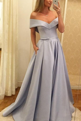 Elegant A Line Off the Shoulder Light Blue Satin Long Prom Dresses Formal Evening Dress Gown