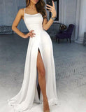 Fashion Halter Spaghetti Straps White Slit Long Prom Dresses Formal Evening Fancy Dress