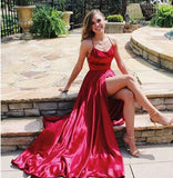 Elegant Open Back Spaghetti Straps Red Slit Long Prom Dresses Formal Evening Fancy Dress