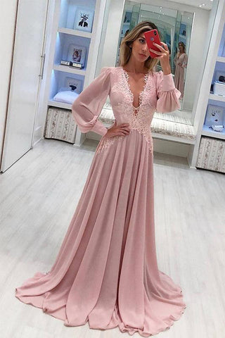 New Arrival Long Sleeves Deep V Neck Pink Princess Prom Dresses Formal Evening Dress