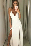 V Neck Spaghetti Straps Slit Ivory Long Prom Dresses Formal Evening Fancy Dress Party Gowns