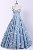 Charming 3D Floral Light Blue Ball Gown See Through Prom Dresses Formal Evening Grad Dress