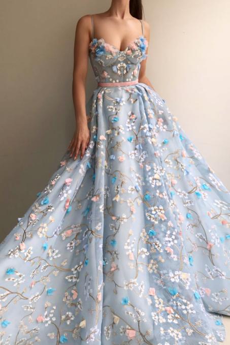 Charming 3D Floral Light Blue Ball Gown See Through Prom Dresses Formal Evening Grad Dress