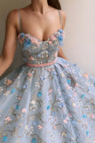 Charming 3D Floral Light Blue Ball Gown See Through Prom Dresses Formal Evening Grad Dress