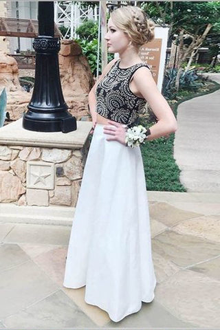 Two Piece Black White High Neck Beaded Long Prom Dresses Formal Evening Dress Gown