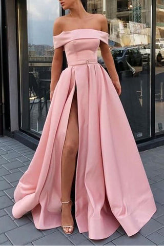 Elegant A Line Off the Shoulder Strapless Pink Slit Long Prom Dresses Formal Grad Gown Dress