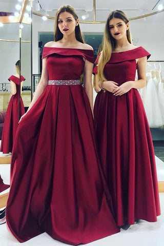 Off the Shoulder A Line Burgundy Beaded Long Prom Dresses Formal Evening Dress Gowns