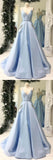 Open Back Spaghetti Straps Light Blue V Neck Long Prom Dresses Formal Evening Dress Gown