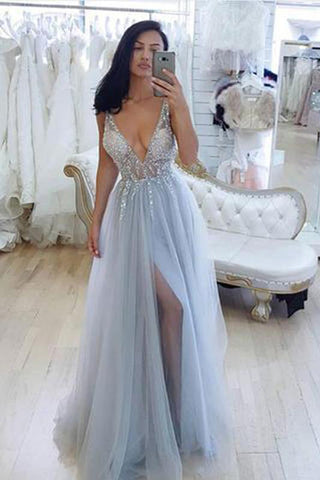 A Line Light Blue V Neck Beaded Split Long Prom Dresses