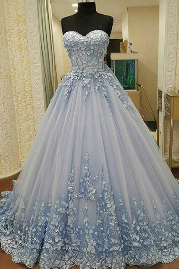 A Line Strapless Light Blue 3D Floral Prom Dresses Formal Evening Gown ...