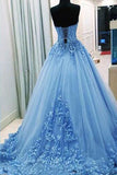 A Line Strapless Light Blue 3D Floral Lace Long Prom Dresses Formal Evening Dress Gowns