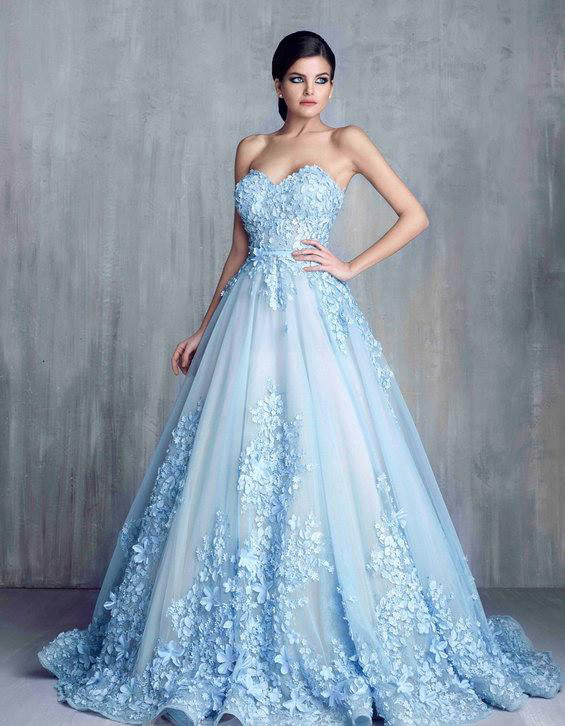 A Line Strapless Light Blue 3D Floral Prom Dresses Formal Evening