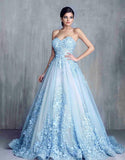 A Line Strapless Light Blue 3D Floral Lace Long Prom Dresses Formal Evening Dress Gowns