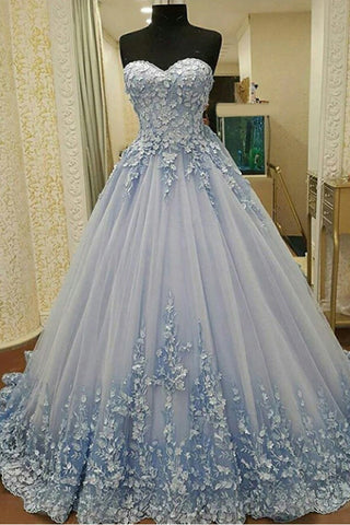 A Line Strapless Light Blue 3D Floral Lace Long Prom Dresses Formal Evening Dress Gowns