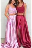 Two Piece A Line U Neck Pink Slit Lace Long Prom Dresses Formal Evening Dress