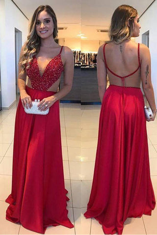 New Design Red Spaghetti Straps Backless V Neck Beaded Prom Dress Formal Evening Dresses