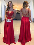 New Design Red Spaghetti Straps Backless V Neck Beaded Prom Dress Formal Evening Dresses
