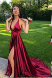 Simple V Neck Halter Backless Burgundy Slit Long Prom Dress Formal Evening Fancy Dresses