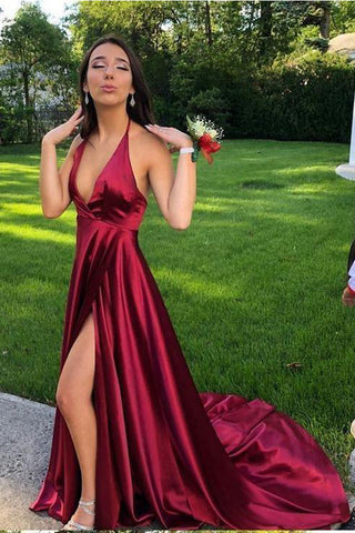 Simple V Neck Halter Backless Burgundy Slit Long Prom Dress Formal Evening Fancy Dresses