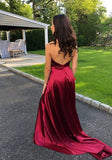 Simple V Neck Halter Backless Burgundy Slit Long Prom Dress Formal Evening Fancy Dresses