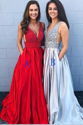 Open Back A Line V Neck Beaded Red Long Prom Dresses Formal Evening Dress With Pocket