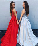 Open Back A Line V Neck Beaded Red Long Prom Dresses Formal Evening Dress With Pocket
