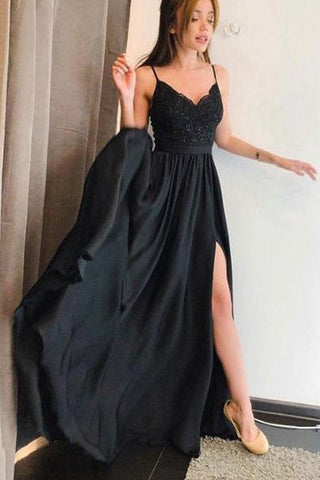 Lace Black Spaghetti Straps Split V Neck Long Prom Dress Formal Evening Fancy Dresses