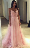 Charming Spaghetti Straps Lace Pink V Neck Princess Formal Prom Dresses Evening Party Dress