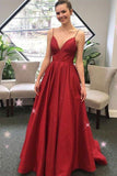 Burgundy Satin A Line V Neck Spaghetti Straps Elegant Prom Dress Formal Evening Grad Dresses